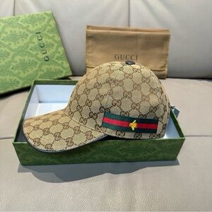 Gucci Tan Monogram Baseball Cap with Stripe Detail